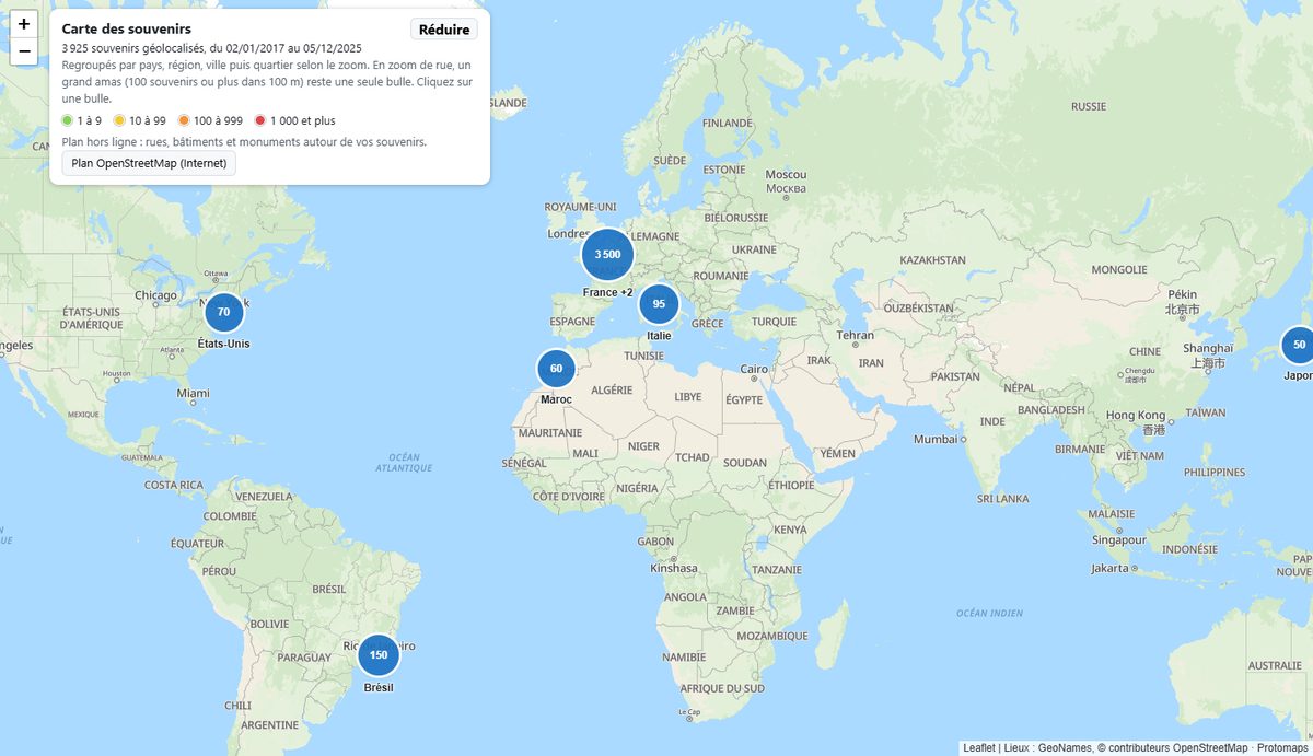 Carte du monde avec des bulles regroupant les souvenirs par pays