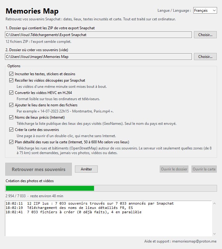 Fenêtre du logiciel Memories Map : choix du dossier des ZIP, du dossier de destination et des options